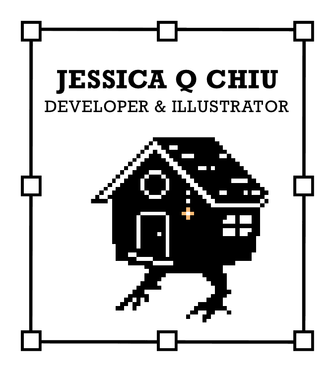 Text that says Jessica Q Chiu - developer and illustrator and an image of a home, baba yaga's hut